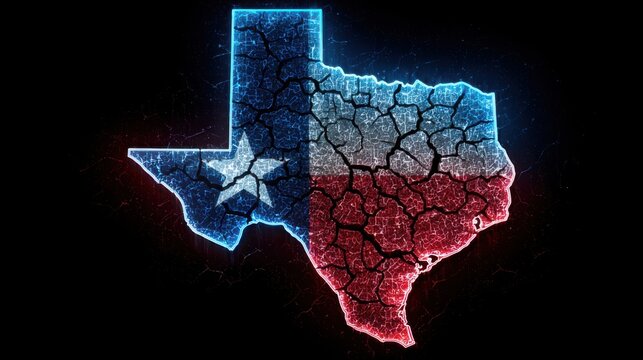 Texas state outline with blue and red colors and cracked texture on a dark background showing its unique design and style