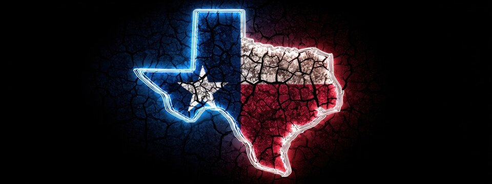 Texas outline with neon lights and cracked texture shows state pride and vibrant culture during the night