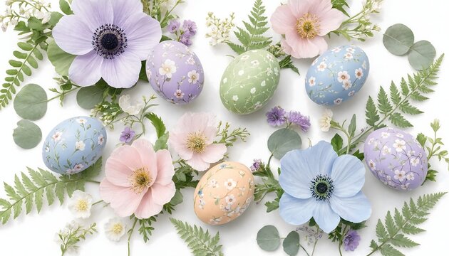 Beautiful watercolor flat lay of pastel easter eggs surrounded by flowers and greenery