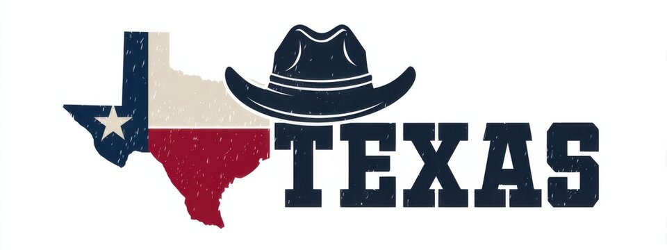 Outline of Texas state with cowboy hat and bold text representing Texas culture and identity in a simple design