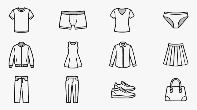 Clean Minimalist Line Drawing Set of 12 Everyday Clothing Items and Accessories in Monochrome with high quality professional line art symbols for modern creative design and digital branding projects