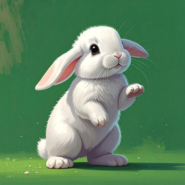 Adorable White Rabbit Standing on Green Background in Digital Illustration