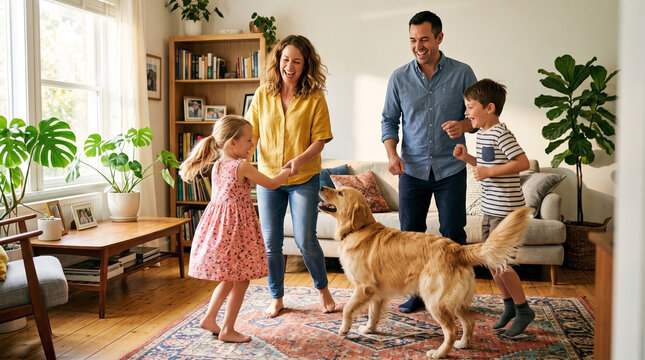 Family dancing with happy dog in living room, children enjoy playful moment with golden retriever while parents join fun activity. Dancing with dog creates joyful atmosphere in family home.
