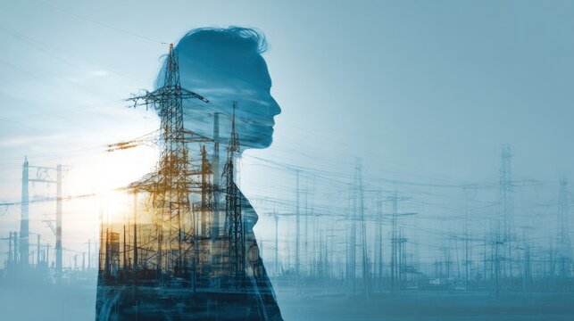 Future Power: A double exposure silhouette of a person's head superimposed with industrial power lines and high-voltage towers.