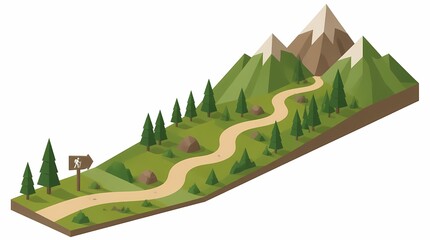 Obraz premium Hiking trail winding through isometric low-poly mountain landscape, with green hills, evergreen trees, rocks, snow peaks, and a sign for nature exploration.