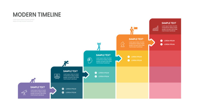 Business success staircase infographic presentation 5 steps, arrow jigsaw timeline roadmap template for process, strategy, goal and corporate growth design.