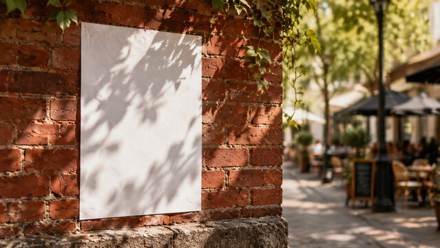 Close-up blank white poster mockup for cafe advertising on rustic red brick wall with soft leafy shadows and copy space
