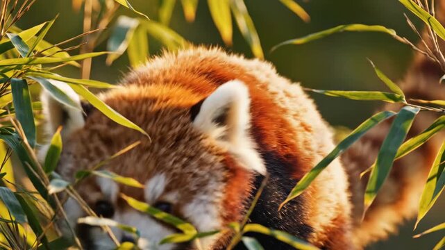 Red panda amidst green bamboo leaves, warm sunlight, focused eyes, detailed fur texture.
