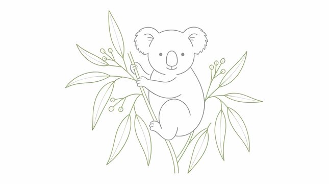 Koala bear animal clinging to eucalyptus branch with green leaves and buds, minimalist line art vector illustration, Australian wildlife nature graphic.