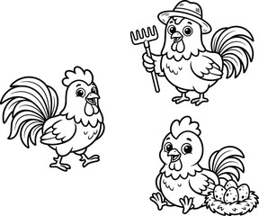 Naklejka premium Cute kawaii rooster mascot collection featuring farm life, gardening, nesting, and cheerful cartoon chicken characters in vector illustration set