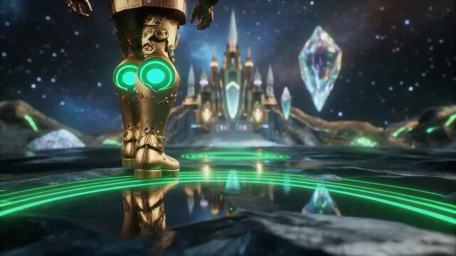 エメラルドのネオンが脈打つ黄金の魔法のアーマーブーツ