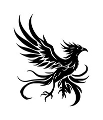 Fototapeta premium Tribal phoenix silhouette set with aggressive elegant shape, wide open wings and sharp feather elements featuring tribal style, bold black, tattoo vector with clean paths and commercial use