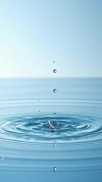 Water drop splashing in calm blue liquid creating smooth circular ripples