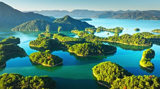 Aerial drone view of Thousand Island Lake with lush green islands and blue water, Hangzhou, China