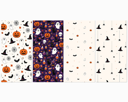Halloween seamless pattern collection, spooky holiday background set with pumpkins and ghosts, 4 vector textures for festive wrapping paper