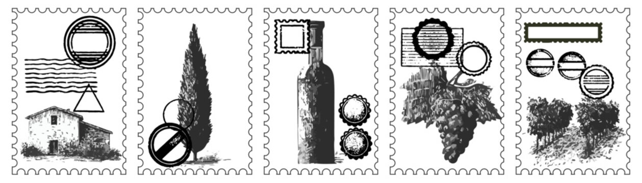 Hand drawn style collection of postage stamps depicting classic tuscan elements including a rustic home. Cypress tree. A cluster of grapes. A wine bottle. And a vineyard landscape