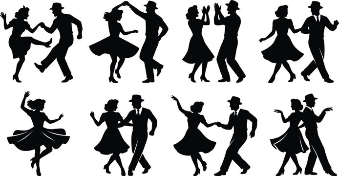 Couples Dancing Silhouette Collection with Swing Social Dance and Vintage Partner Vector Set