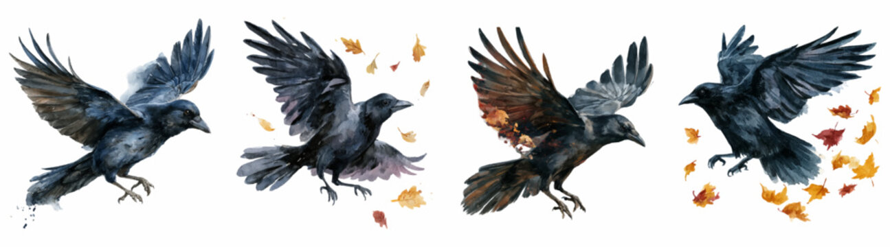 Black ravens and crows flying through a whimsical autumn fall, watercolor painting capturing the spooky halloween season and vintage fantasy bird art on white background