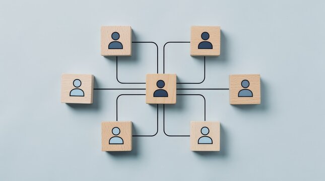 Wooden blocks with human icons connected by lines, representing a network or organizational structure on a light background.