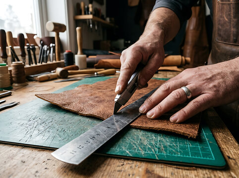 Craftsman cutting a piece of brown leather with a sharp utility knife and metal ruler in a workshop.