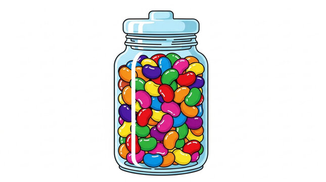 Glass jar filled with colorful jelly bean candies sweet snack
