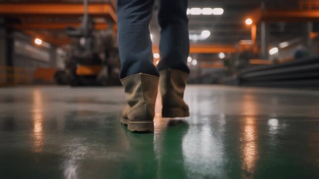 無骨なブーツで歩く足元のローアングルクローズアップのシームレスループ動画