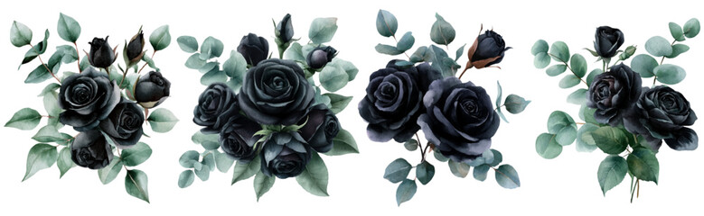 Watercolor black rose and eucalyptus arrangements in a minimalist style. Perfect for creating moody and sophisticated designs for invitations. Greeting cards. Patterns. And web graphics © Mari