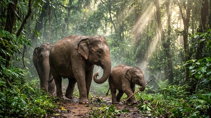 Obraz premium World Elephant Day Gentle Elephant Family Walking Through Lush Forest