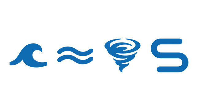 Four blue icons representing water, waves, wind, and a stylized S shape on a white background
