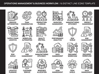 Fototapeta premium Operations management and business workflow line icons, 16 distinct vector elements set, industrial production and supply chain logistics symbols