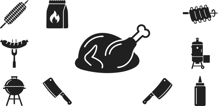 Barbecue and Grill Silhouette Vector Icon Set Featuring Roast Chicken, Sausage, Ribs, Corn, Charcoal Bag, Meat Cleaver, and Kettle Smoker Equipment Designs