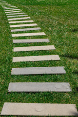 Obraz premium Concrete Stepping Stone Path Curve Through Green Grass Lawn