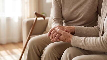 Fototapeta premium Senior couple holding hands beside walking cane