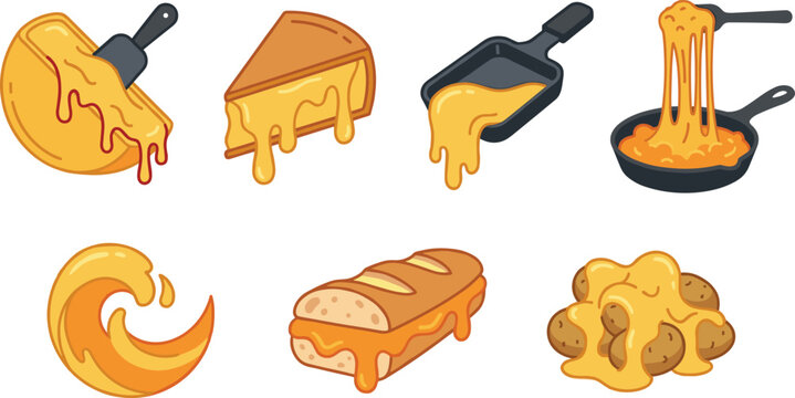 Melted cheese vector elements set with raclette fondue pan wheel sandwich potatoes isolated on a transparent background