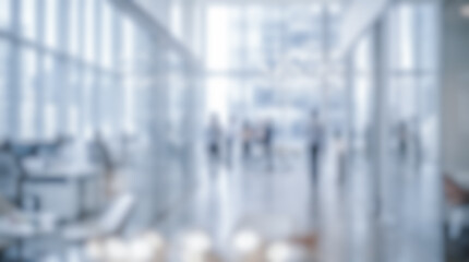 Fototapeta na wymiar Bright modern blurred office interior background showing professional business people walking corporate workplace setting abstract contemporary room soft natural daylight bokeh