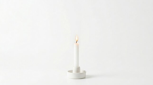 Single slender white candle lit with a small flame isolated on a white background