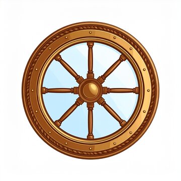 Wooden wagon wheel with rustic metal hub and spokes.