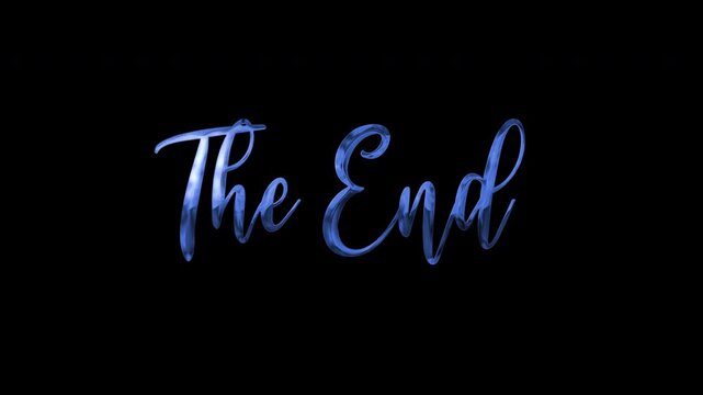 The End calligraphic text in blue metallic font isolated on black background