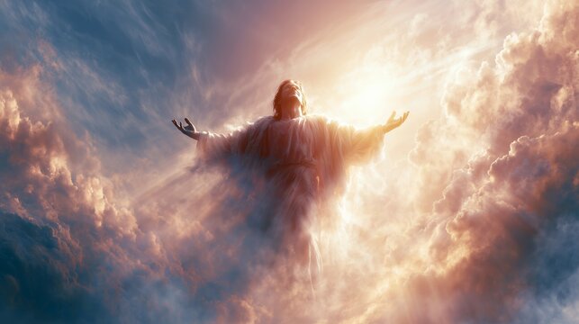 Jesus stands with open arms among clouds, reaching toward the light in a vast sky