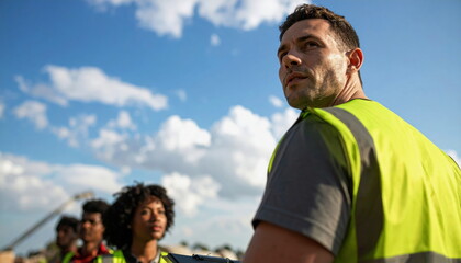Naklejka premium Diverse Construction Workers Standing Outdoors Wearing High Visibility Safety Vests Representing Professional Teamwork Under Clear Blue Sky