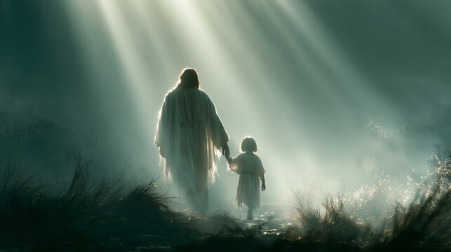 Jesus walks hand in hand with a child through a misty path in the light of dawn