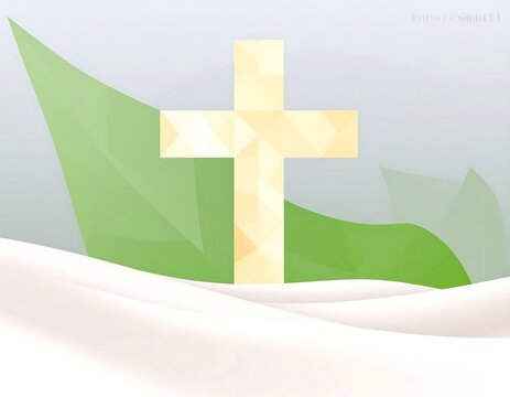 Geometric Golden Cross Standing in Minimal Green Abstract Landscape