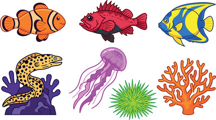 Sea life vector set with clownfish angelfish jellyfish moray eel coral reef urchin isolated on transparent background © Lunavera art
