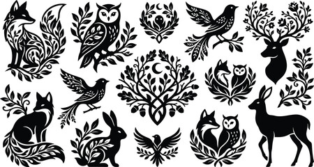 Collection of woodland animal silhouettes and floral folk art elements in a black and white papercut style © MdDulal