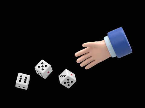 Man throws dice.Template for gambling.Throwing dice.Red dice on the table.Man avid person.Gambler concept.Playing in hand.3D rendering on black Screen for footage and clipping path.