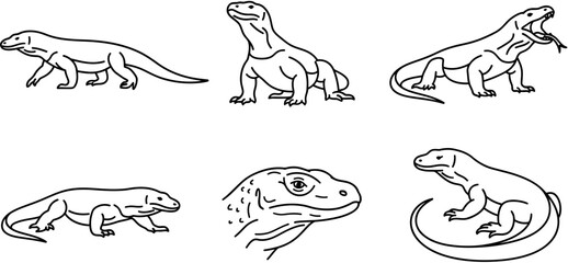 Obraz premium Komodo Dragon Line Art Icon Set, Monitor Lizard Outline Illustration Collection Isolated on White Background