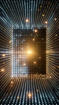 Abstract Digital Matrix Tunnel with Glowing LED Light Grid and Golden Particles Vertical Video