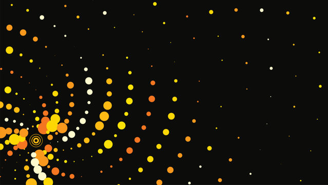 Glowing golden spiral halftone background with radial dot pattern emerging from black space.
