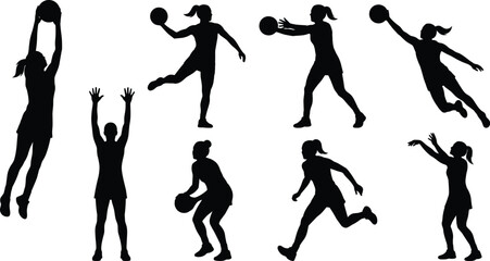 Female Basketball Player Silhouette Collection with Dribbling Passing Shooting Jumping and Defensive Action Poses © urmilarani
