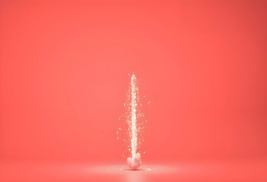 Single firework rocket launching with sparks on red background